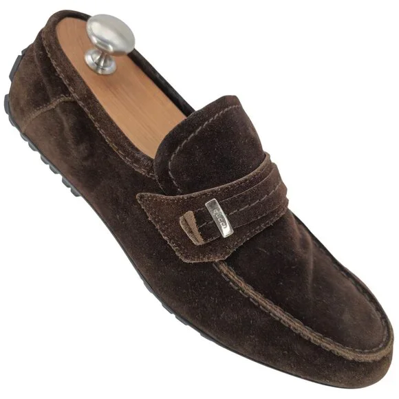 Gucci Italy Brown Suede Leather Driving Loafers Mens 8 Designer Dress Loafers - Picture 1 of 11
